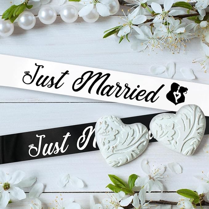 "Just Married - 2 Pcs Bride to Be Sash and Groom to Be Sash Kit, Black White Bachelorette & Bachelor Party Sashes for Wedding Bridal Shower Decorations Engagement Gifts