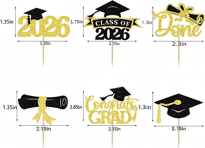 2026 Graduation Cupcake Toppers, 36 pack Gold Glitter Class of 2026 Congrats Grad Diploma Graduation Cap Cupcake Picks for 2026 Graduation Party decorating Supplies