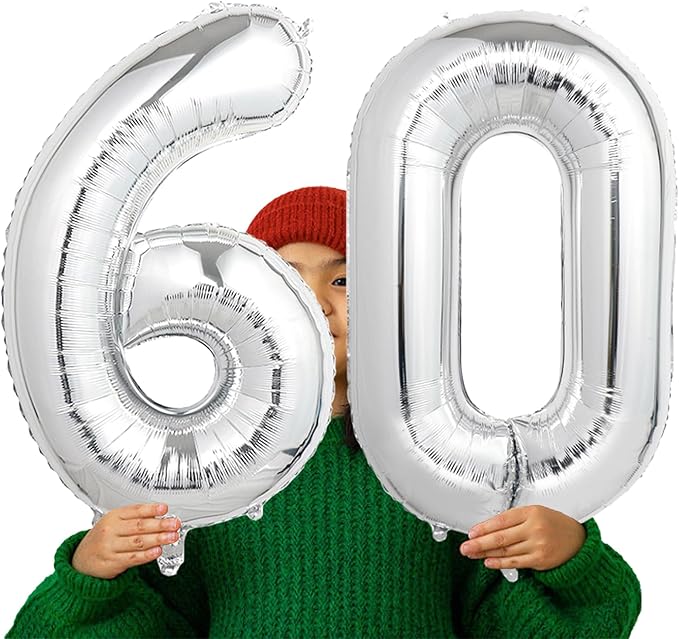 Number Balloons Silver Party Balloon - Giant Number 60 Balloon, 40 Inch Large Balloon for 60th Birthday Decorations, Silver Party Supplies for Anniversary