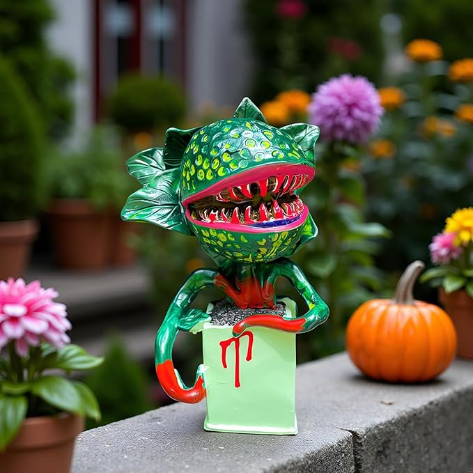 Horror Piranha Plant Garden Statue, 5.9" Tall Cannibal Plant Figurines Resin Chomper Corpse Flower Sculpture Halloween Decoration for Indoor Outdoor Home Office Desk Decor