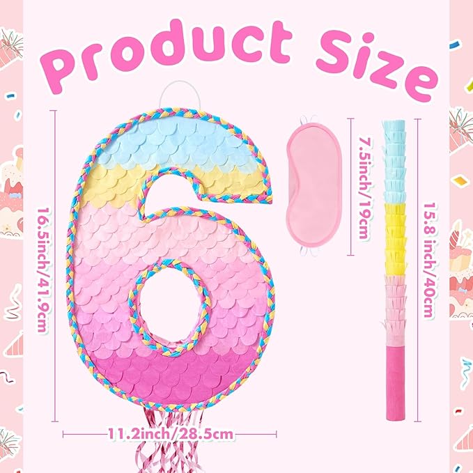 WERNNSAI Number 6 Piñata – Pink 6th Birthday Party Decorations for Kids Girls Rainbow Ombre Six Piñata with Blindfold and Stick for 6 Year Birthday Supplies Princess Anniversary Decoration