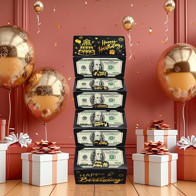 Black Gold Happy Birthday Envelope for Cash, DIY Money Holder with 6 Slots for Cash, Surprise Card Holder for Birthday, Money Gift Card for Men Women