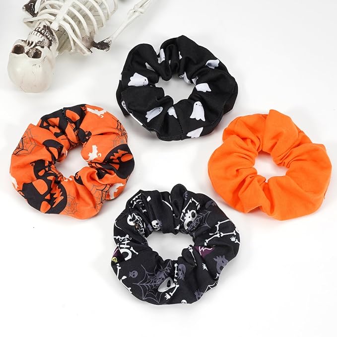 Halloween Hair Scrunchies Spooky Orange Pumpkin Scrunchies Skull Ghosts Bat Spider Web Skeleton Hair Ties for Women Girls Elastics Hair Tie Halloween Gifts Hair Accessories