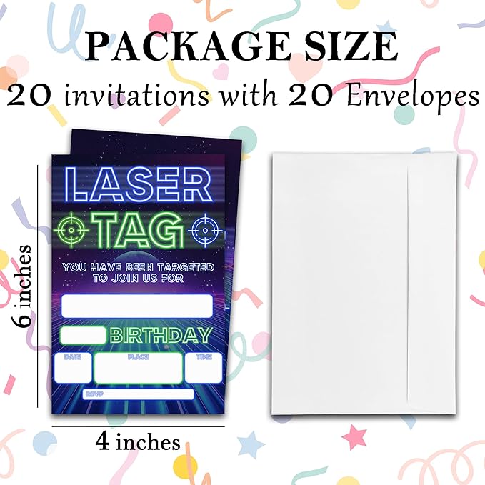 Laser Tag Birthday Party Invitations - You Have Been Targeted - 20-Pack of 4''x6'' Invite Cards with Envelopes, Double-Sided Fill In Birthday Party Celebrate Supplies & Decoration For Boys Teens - A08