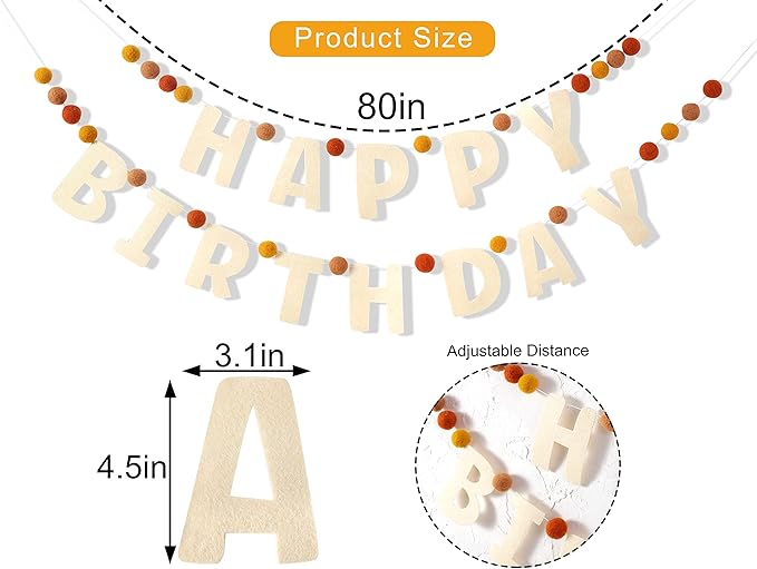 Boho Felt Happy Birthday Garland - Natural Handmade Wool Letters & Balls, Boho Birthday Decoration, Decorations for Children's Birthday Parties, Assembled Happy Birthday Banner