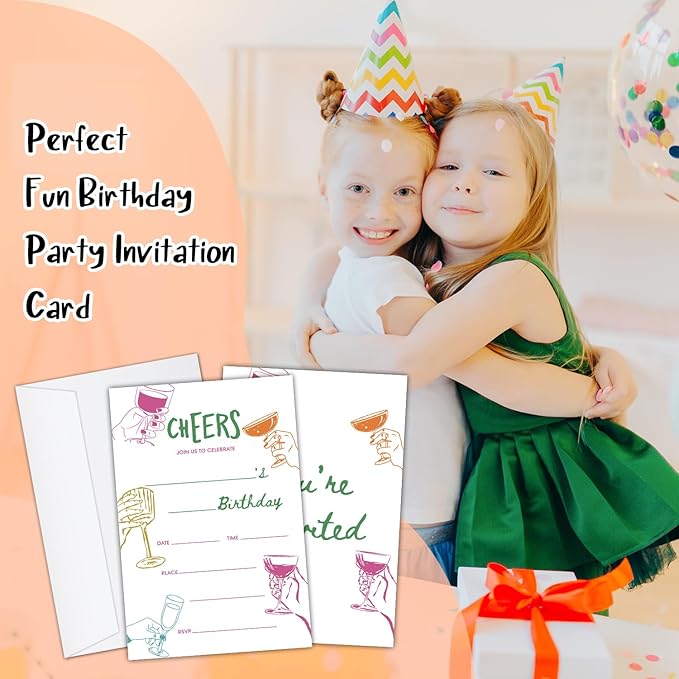 Cheers Birthday Party Invitation Cards for Adults Women Men, Colorful Cheers Birthday Celebration Party Invite Cards Supplies, 20 Double-Sided Fill In Invites With Envelopes -13