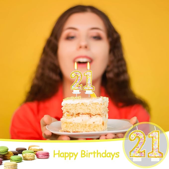 21st Birthday Candle for Cake, Colorful Macaron Numeral Candles for Women/Men, Birthday Party Cake Decorations, Golden Cake Topper for Birthday Party Supplies (Number 21)