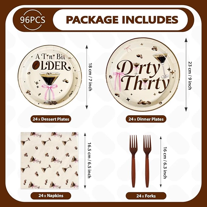 96Pcs Dirty 30th Birthday Decorations Espresso Martini 30th Plates and Napkins Disposable Thirtini Paper Tableware for Women 30 Year Old Martini Birthday Dirty Thirty Party Supplies, Serves 24