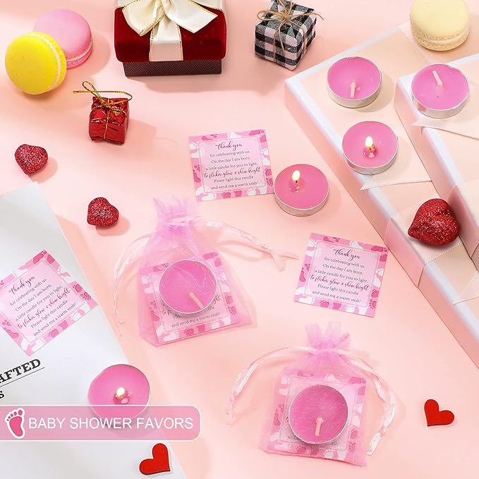 50 Sets Baby Shower Party Favors Including 50 Pcs Unscented Tealight Baby Shower Candles Gift Bags Cards for Gender Reveal Party Supplies(Pink)