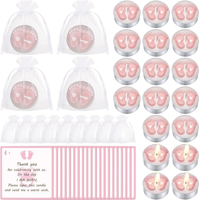 Treela 20 Sets Baby Shower Party Favors Pink Tea Lights Candles with Organza Bag for Guests Cute Feet Shaped Burning Thank You Tags Return Gifts Keepsakes for Baby Shower Gender Reveal Party