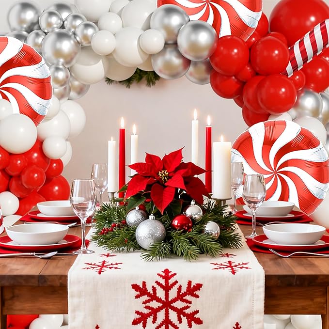 Christmas Balloon Garland Arch Kit, OTLGEUA 135Pcs Red White Silver Balloons for Candy Cane Friendsmas Christmas Party Decorations