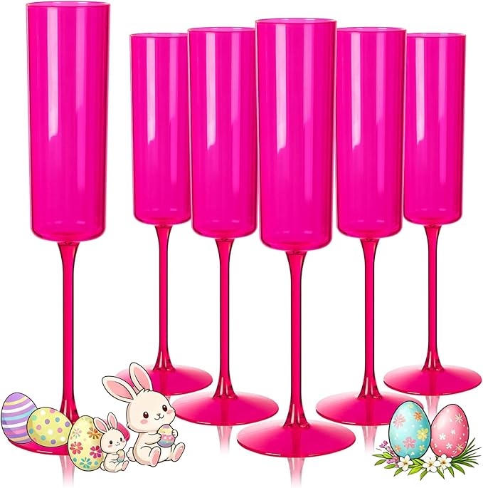 Ciaell 24 Pack Plastic Champagne Flutes - Hot Pink 6 Oz Disposable Champagne Glasses - Square Plastic Toasting Glasses for Party Birthday Anniversary Wedding & Easter
