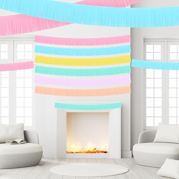 Taiyin 12 Pack 120 Feet Macaron Fringe Garland Tissue Pastel Paper Fringe Tassel Party Garland Wall Hanging Banner Backdrop Streamers for Wedding Birthday Autumn Thanksgiving