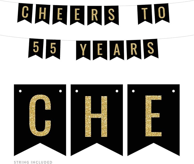 Andaz Press Faux Gold Glitter on Black Birthday Party Banner Decorations, Cheers to 55 Years, Approx 5-Feet, 1-Set, 55th Birthday Milestone Colored Hanging Pennant Decor