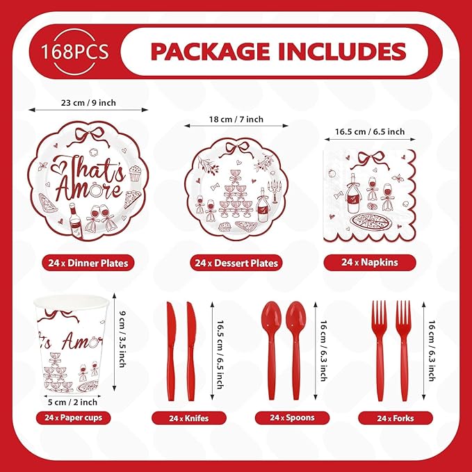 168Pcs That's Amore Plates and Napkins Disposable Italian Themed Party Decoration Pizza And Wine Bachelorette Party Tableware Set For Valentines Wedding Bridal Shower Engagement Bachelorette Supplies