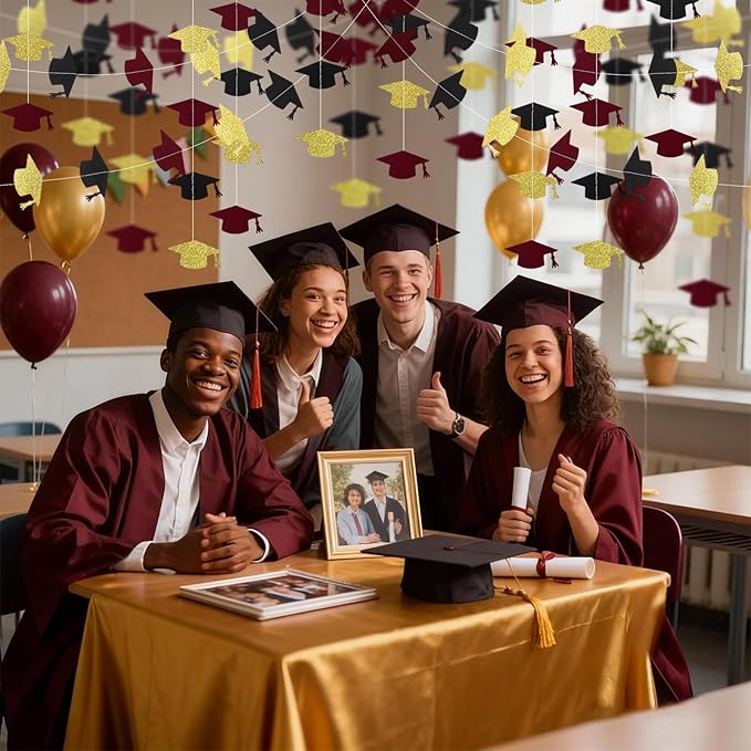Black Maroon and Gold Graduation Garland Graduation Party Decorations Class of 2026 Grad Cap Garland Banner Streamers for Grad Party Hanging Decorations 39Feet