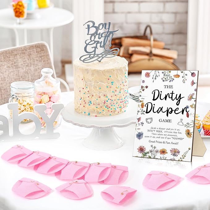 Roowest 51 Pcs Dirty Diaper Baby Shower Games Funny Wooden Sign with 50 Pcs Mini Diapers Cute Felt for Gender Reveal Party Baby Shower (Wildflowers)