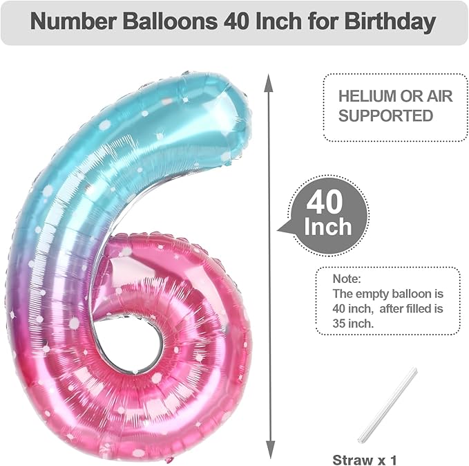 6 Birthday Balloons, 40 Inch Foil Big Balloon for Men And Women, Pink Blue Purple Balloons for 6, 16, 26, 60, 2026 Graduation, Birthday, Wedding Anniversary, Xmas, Party Supplies