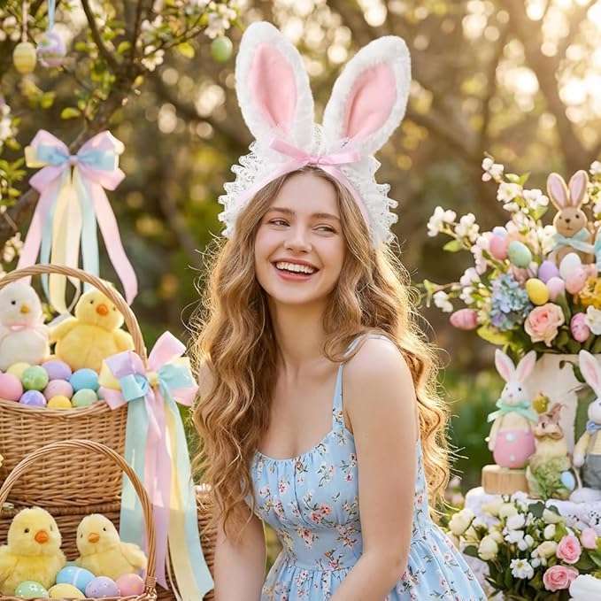 Blync Easter Bunny Ears Headband, Lace Curly Rabbit Hair Accessories, Pink Bow Hairband for Party, Photos, Cosplay
