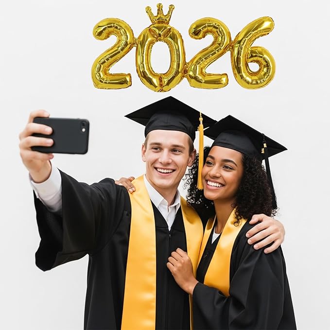 TONIFUL 2026 Gold Crown Foil Number Balloons 16 Inch Gold Number Banner 2026 Graduation Aluminum Foil Mylar Balloons for New Year Eve Christmas Anniversary Party Supplies