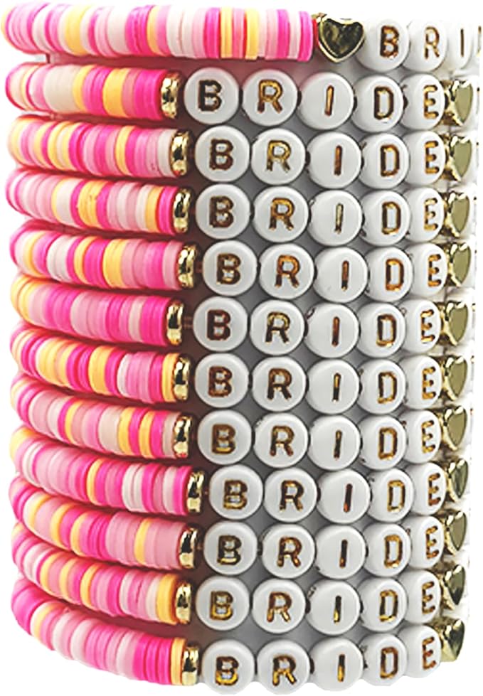 Bachelorette Party Favors, Wedding Gifts, 12 Pcs 6.7 inch Pink Orange Bride Tribe Clay Bead Bracelet Preppy Bracelet Stretch for Women Bridal Shower Decorations Beach Supplies (Pink Orange Series)