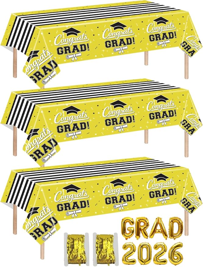 7-Pack Graduation Party Decorations Set, 3 Yellow Graduation Tablecloths 54x108in, 2026 and Grad Balloons, 2 Foil Fringe Curtains for High School College Graduation Party Photo Booth