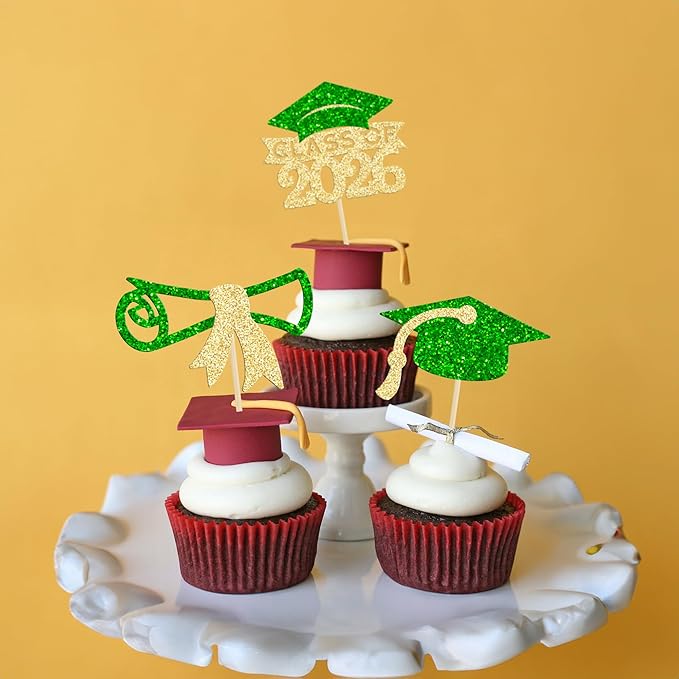 Gyufise 24Pcs 2026 Graduation Theme Cupcake Toppers Glitter Diploma Graduation Cap Class of 2026 Cupcake Picks for 2026 Graduation Theme Party Cake Decorations Supplies Gold Green