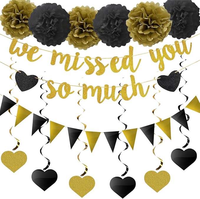 We Missed You So Much Banner, 12Pcs Triangle Flags, 6Pcs Pom Poms Paper Flower Balls, 6Pcs Hanging Swirls Welcome Back Welcome Home Decoration Families Friends Colleague’s Return Celebration Decor Kit