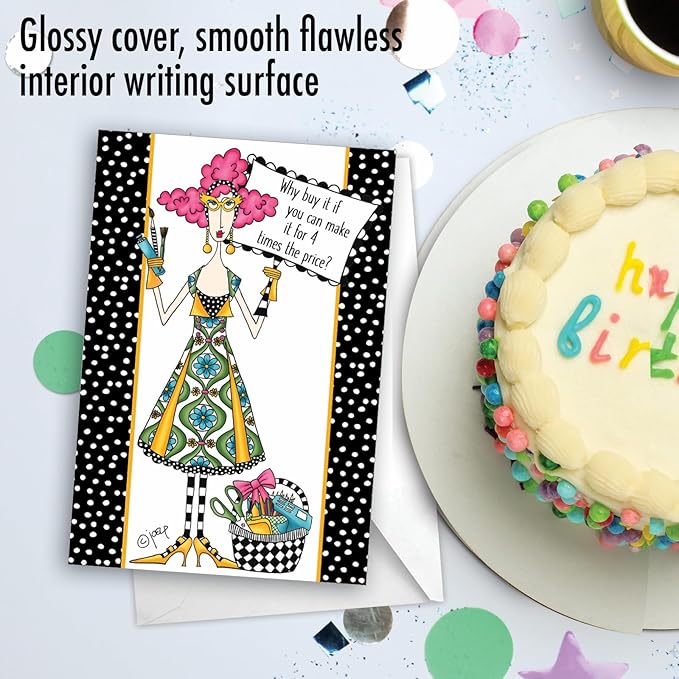 NobleWorks - 1 Funny Birthday Card for Women, Wife - Happy Bday Cartoon, Woman Notecard with Envelope - Four Times the Price C3669BDG