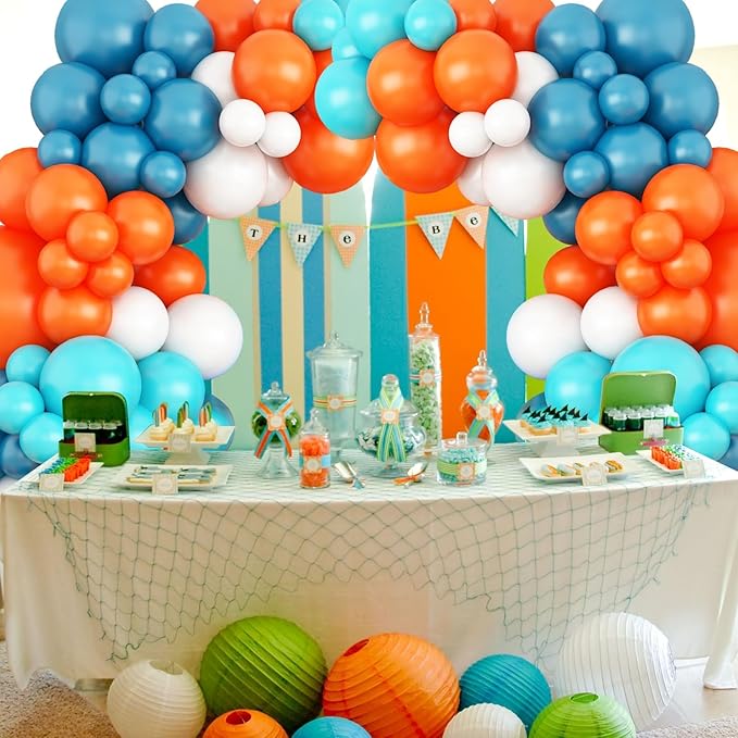 GRESATEK Orange-Blue-White Balloon Arch Garland Kit, Teal Blue Peacock White Latex Balloons, Blue & Orange White Party Balloons for Birthday, Wedding, Baby Shower, Party Supplies