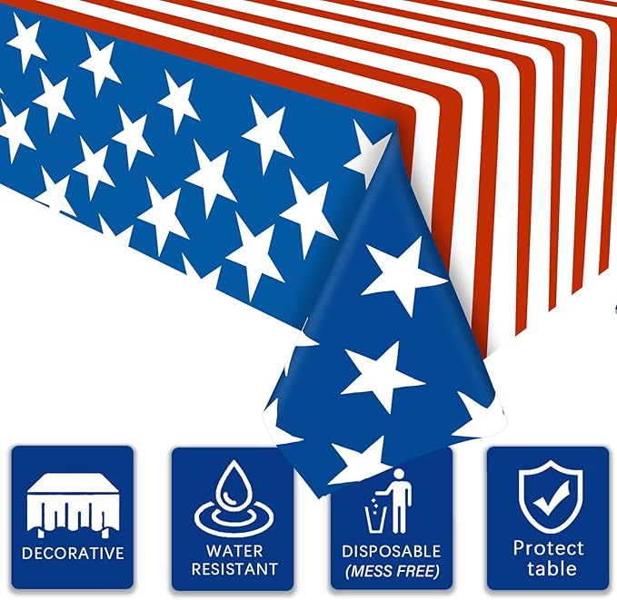 Esjay 4th of July Decorations, 3 Pack Fourth of July Tablecloth American Flag Plastic Table Cloth, Patriotic Party Supplies Red White Blue, Decorations for Memorial Day Veterans Outdoor Home(54"x72")