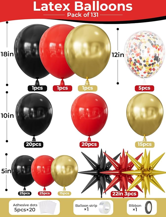Red Black and Gold Balloons Arch Garland Kit – 131Pcs Latex Balloons with Foil Starburst Balloons for Birthday Hollywood Casino Movie Night New Year Party Decor