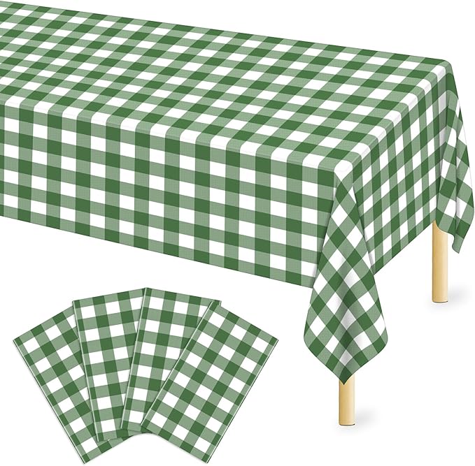 Mulbozy Sage Green Gingham Tablecloth 4 Pack, 54 x 108 Inch Plastic Table Cloth Disposable, Sage Green and White Checkered Table Cover for Party Supplies