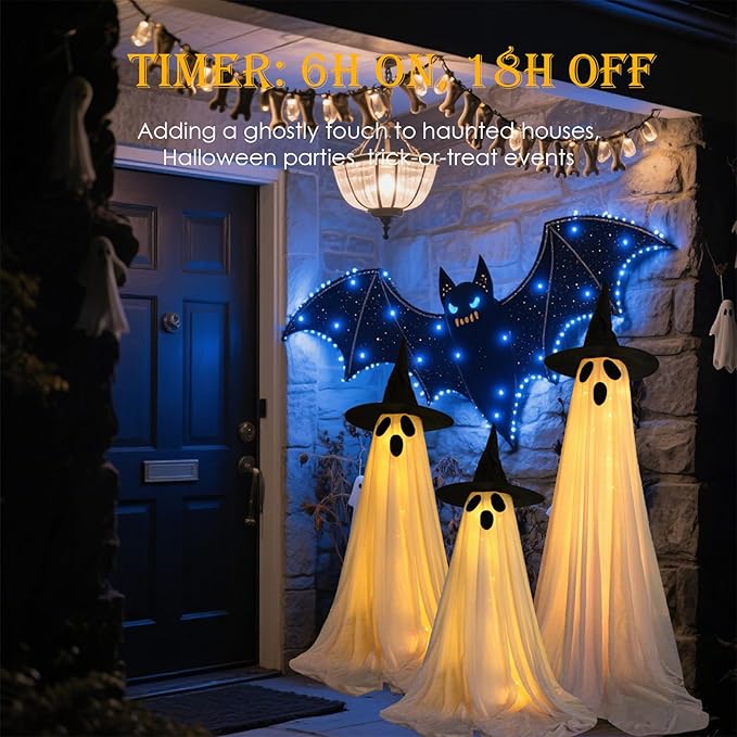 3 Pack Ghost Halloween Decorations Outdoor, Light Up Ghost Decorations with 8 Modes & Timer, Battery Operated Halloween Lights Ghost Decor Indoor Outdoor Room Front Yard, Porch, Haunted House Party