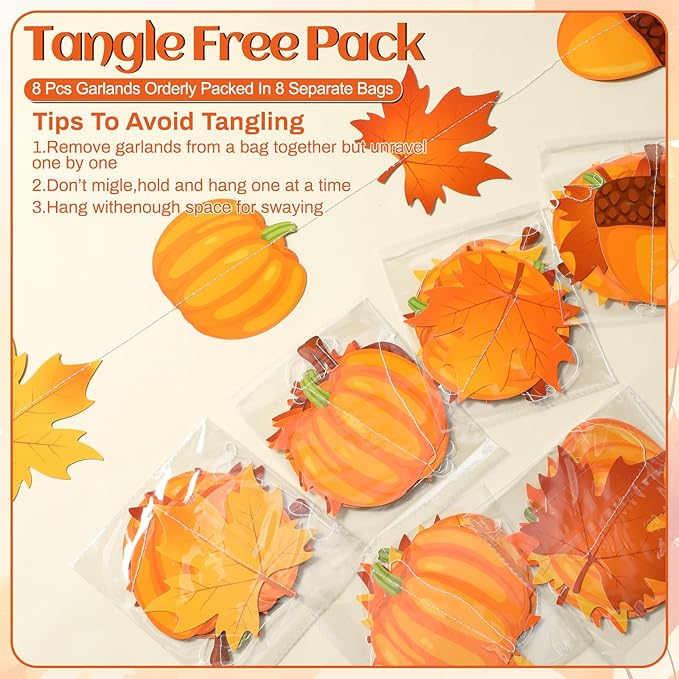 Xinnun 8 Pcs Fall Hanging Decorations Thanksgiving Ceiling Hanging Decor Fall Maple Leaf Pumpkin Acorn Paper Banner Autumn Garland Backdrop for Thanksgiving Party Indoor Outdoor Wall Door Decor