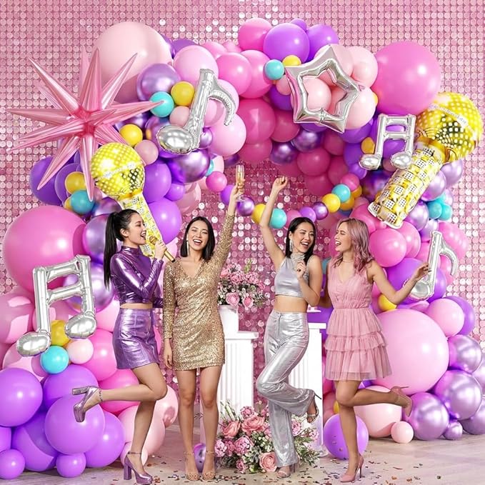Music Hunter Balloon Arch Kit - 212Pcs Pink, Purple, Hollow Star, Microphone, Music Notes Balloon Garland Kit for Music Prom Fan Gatherings Girls Birthday Singer Kpop Theme Party Decorations