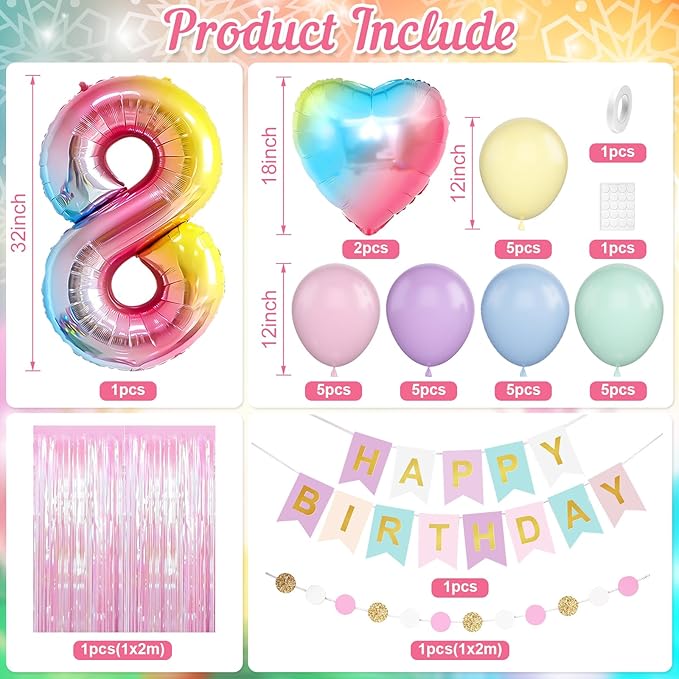 8th Birthday Decorations Rainbow,Gradient Number 8 Balloon,Pastel Happy Birthday Banner Fringe Curtain Heart Foil Balloons Boys Girls 8 Year Old Decor