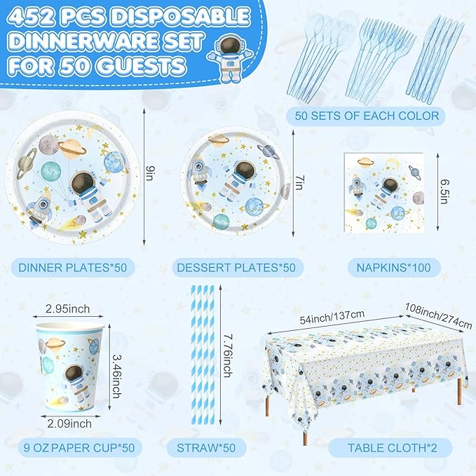 452 Pcs Space Themed Party Decorations for 50, Blue Space Astronaut Paper Plates Napkins Cups Tablecloth Cutlery Straws for First Trip Around The Sun Planet Birthday Baby Shower Party Supply