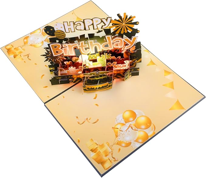 Chocolate-Colored Gilded Cake Music Playing Pop Up Happy Birthday Greeting Card with LED Light, Love Gift for Adult and Kid with Blank Note & Envelope, Celebration for Daughter, Son, Mom, Dad