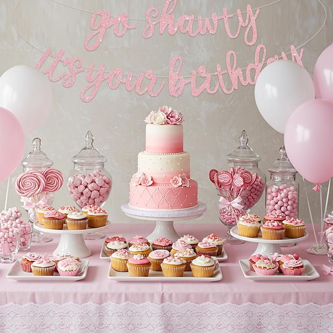 BEISHIDA Go Shawty It's Your Birthday Banner NO DIY Hip Hop Theme Happy Birthday Banner Pre-Strung Rap Theme Happy Birthday Sign for Man Women birthday Party Supply Glitter Dark Pink