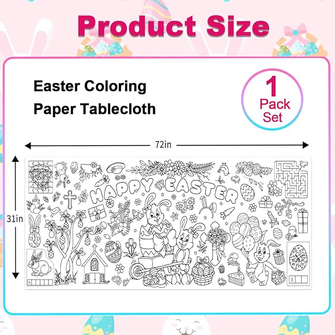 JUNQIU Easter Coloring Tablecloth for Kids, 72 * 31Inch Giant Color Poster - Easter Games, Activity, Party, Painting Crafts for Kids