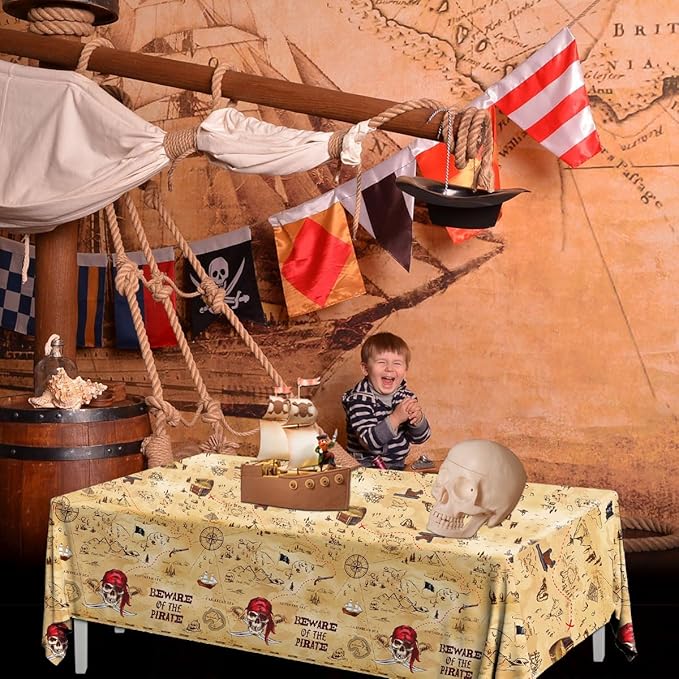HAKOTI 3Pcs Pirate Tablecloth - Treasure Map Table Cover for Birthday Party Decoration, Navigation and Adventure Supplies - Disposable Beware of the Pirate Theme