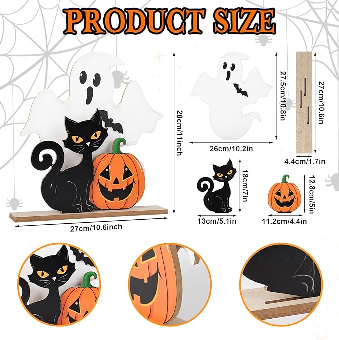 Halloween Decorations Indoor Wooden Black Cat Halloween Decor Ghost Table Sign Pumpkin Table Centerpieces Standing Tabletop Decoration for Holiday Desk Tiered Tray Party Shelf Decorations Farmhouse