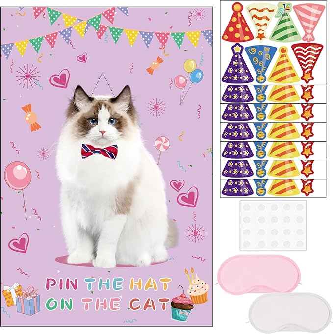 T-Antrix Pin The Hat on The Cat Party Games -Cat Themed Birthday Games for Girls with 21'' x 28'' Poster, Resuable Hats Stickers Carnival Party Supplies Kids Birthday Party Favor Sets