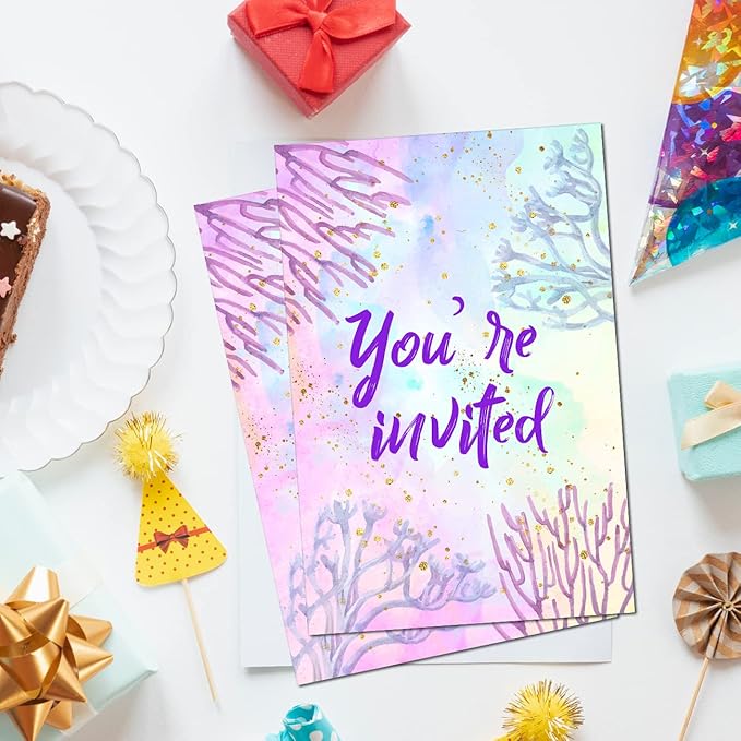 Soiceu Cute Under the Sea Mermaid Birthday Party Invitations with Envelopes Set of 20 Purple Pink Girl Birthday Party Invites