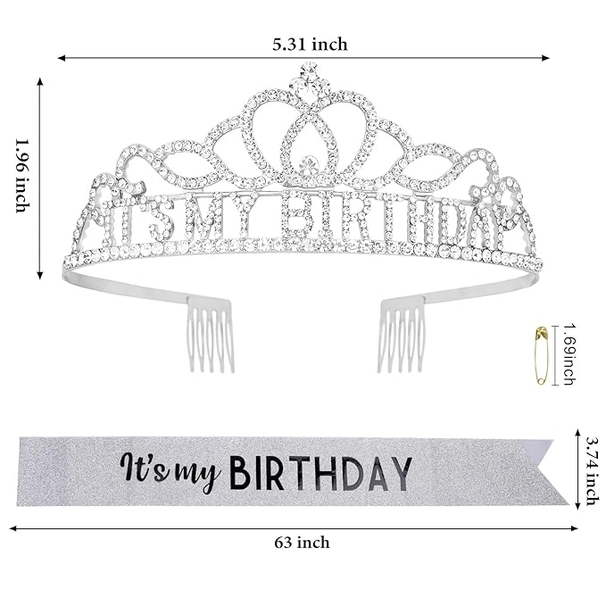 CAVETEE Birthday Crowns for Women - Its My Birthday Sash and Crown Set for Adult Women - Silver