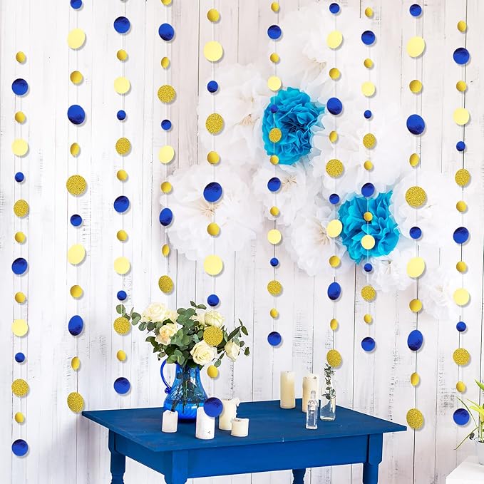 Outus 10 Pieces Blue,Gold Round Dots Garland Easter Graduation Party Hanging Decor Each Length 13.1ft Glitter Paper Dot Streamers for Birthday Wedding Classroom