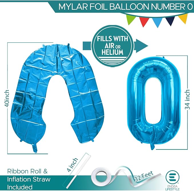 40 Inch Large Blue Number Celebration and Decoration Balloon for Birthday Parties, Graduations, Anniversaries, Weddings, Photo Shoots, Special Events - Helium Foil Mylar (Blue Number 0)