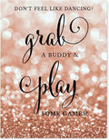 Andaz Press Wedding Party Signs, Glitzy Rose Gold Glitter, 8.5x11-inch, Don't Feel Like Dancing? Grab a Buddy and Play Some Games!, 1-Pack, Bokeh Colored Party Supplies