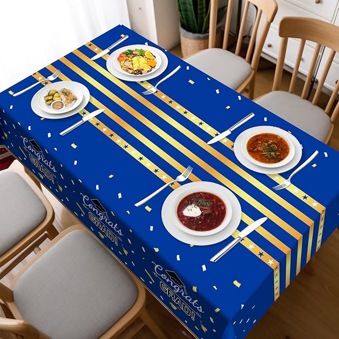 Childom 3 Pack Graduation Tablecloth,Graduation Decorations Class of 2026 Graduation Party Decorations,54"x108" Blue and Gold Plastic Table Cloth Disposable Rectangle for Home,School,Party Supplies